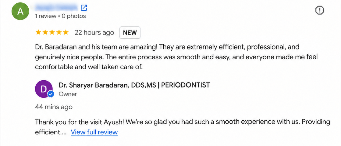 A 5-star Google review for Dr. Baradaran Periodontics with the practice's own automated reply underneath it