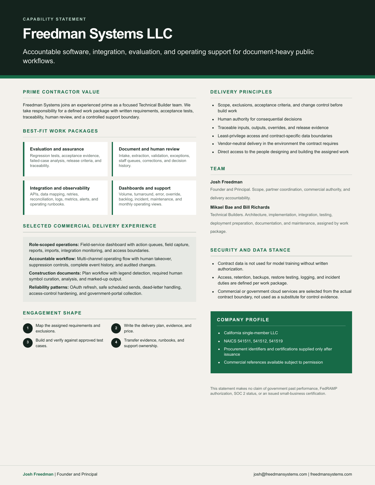 First page of the current Freedman Systems Public Sector capability statement