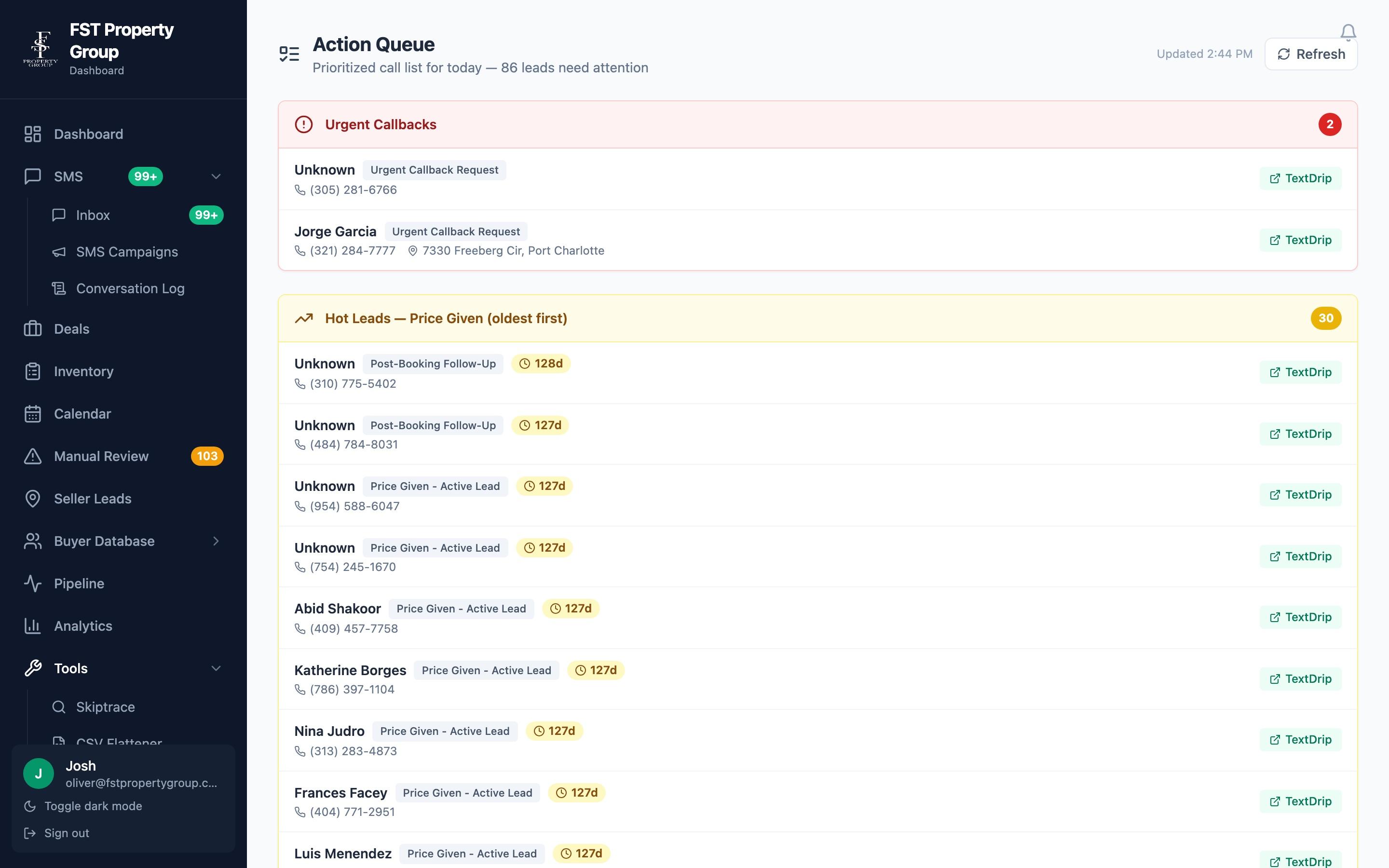 FST action queue showing 86 leads needing attention with urgent callbacks and hot leads prioritized