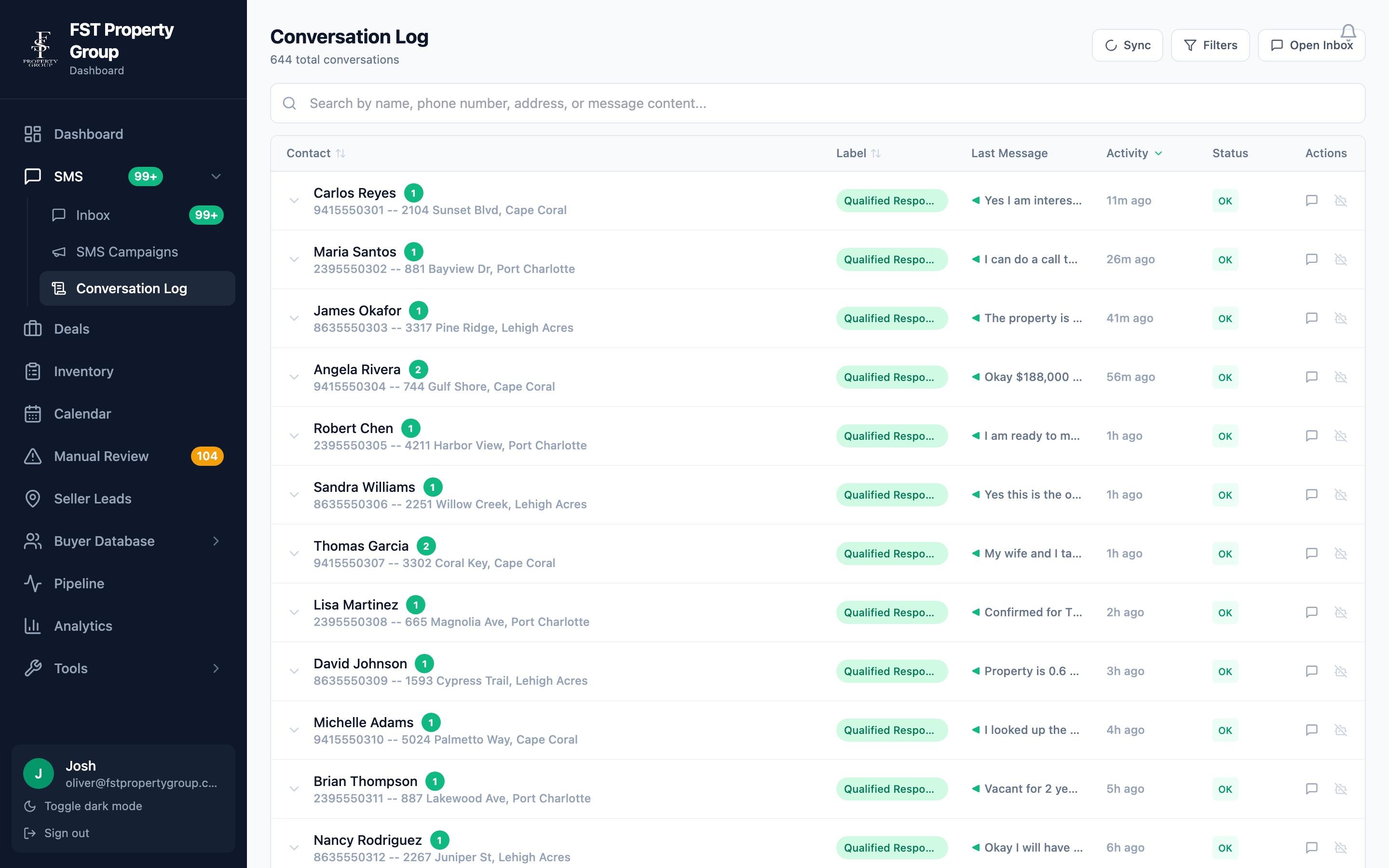 Conversation log showing active leads with labels, bot status, and last message timestamps