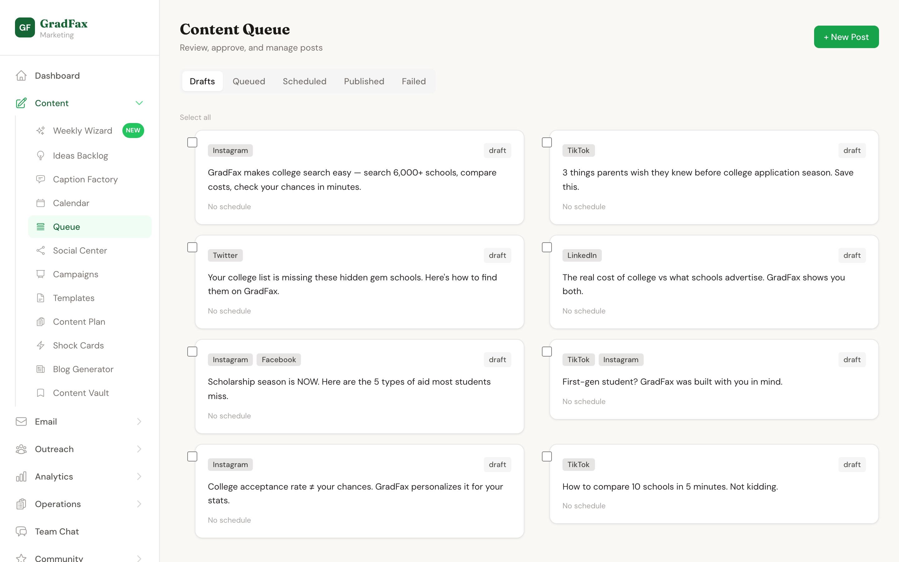 GradFax Marketing OS content queue with draft posts across Instagram, TikTok, Twitter, and LinkedIn